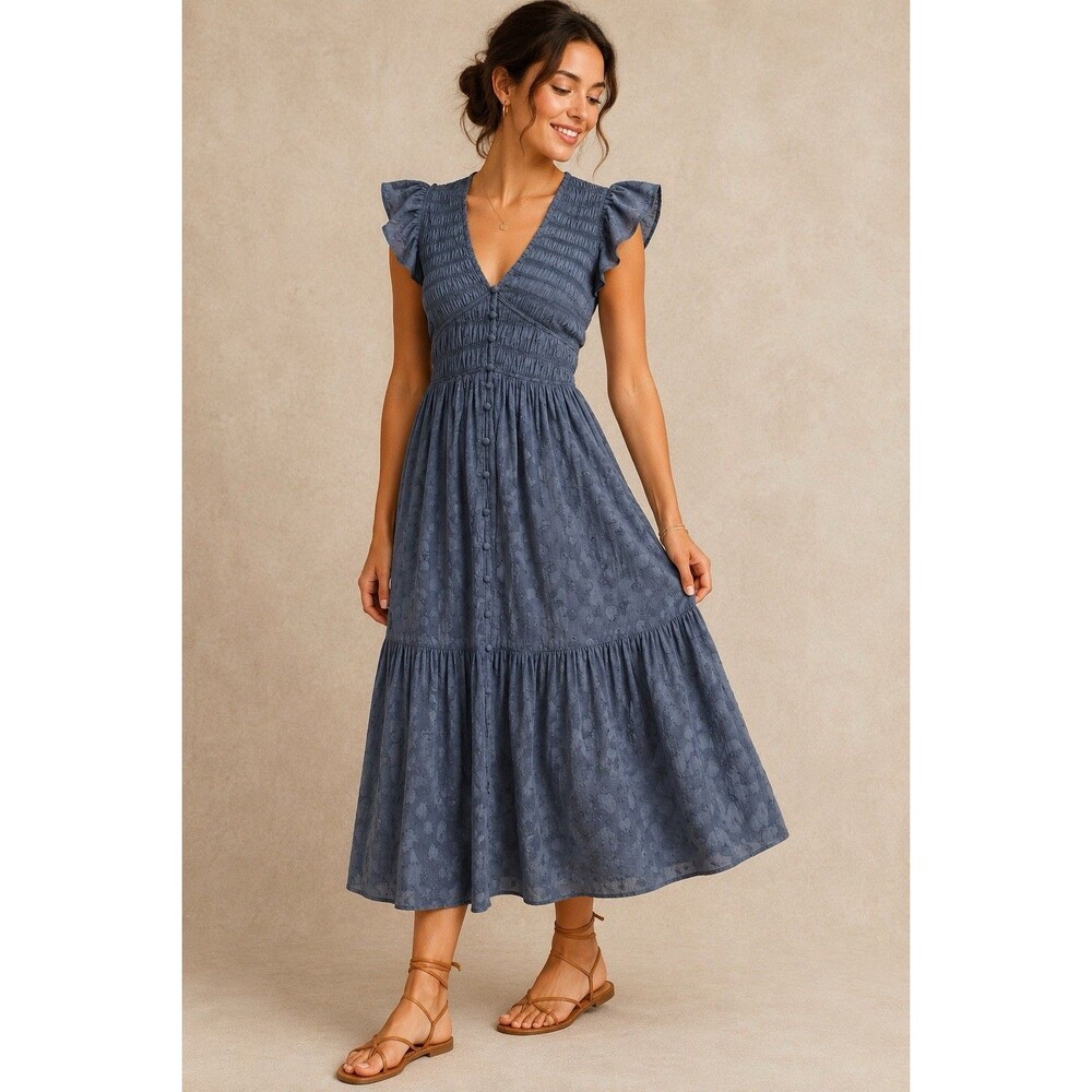 Anthropologie Smocked Tiered Dress XS Midi Blue Cotton Dot Button Front Boho